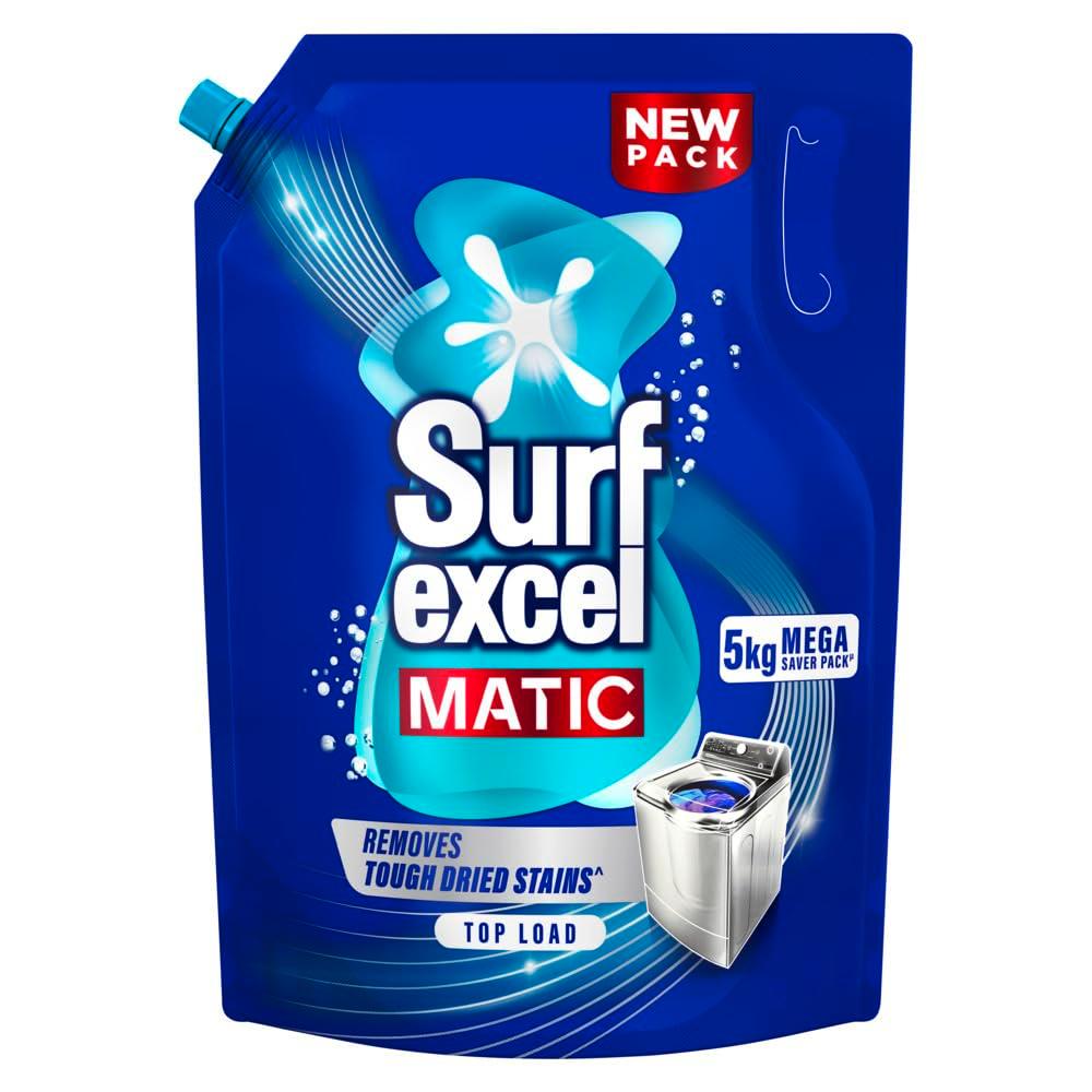 Surf Excel Matic Top Load Liquid Detergent 5Kg Refill Pouch, Specially designed to remove Tough Dried Stains, 1st time in Washing Machine