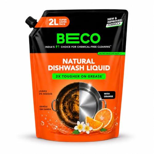 Beco Natural Dishwasher Liquid Refill | 2L Pack | Anti-Bacterial Formula | Orange Citrus Freshness | Ecofriendly Dish Washing Liquid Gel | Tough Grease Removal | Leaves No Residue on Utensils