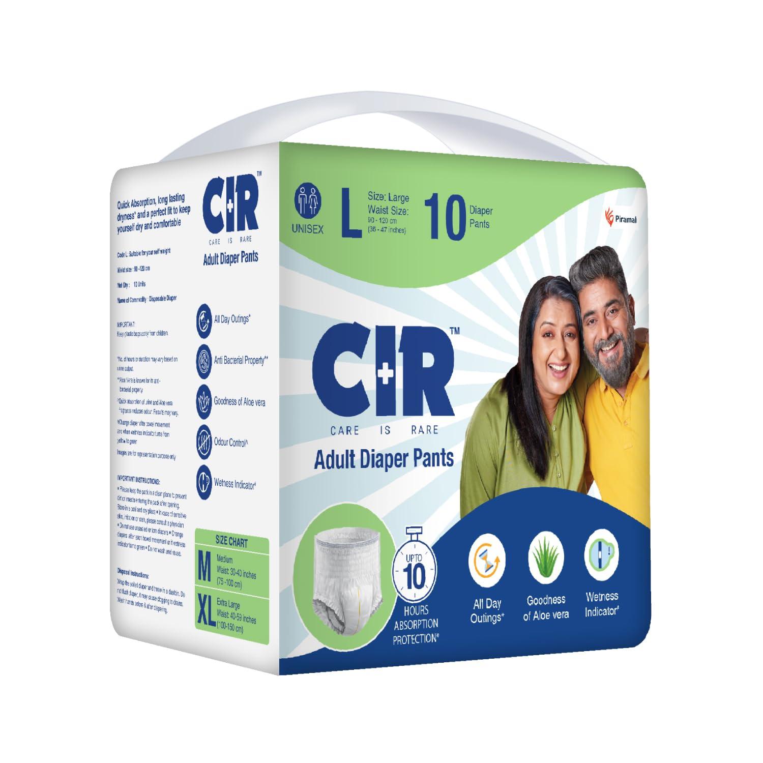 CIR Adult Diaper Pants Style | Adult Diaper Large Size (L)|Waist (90-120cm I 35" - 47") |10 hr Absorption-Protection | Unisex with Wetness Indicator | Odour Control | Goodness of Aloe Vera | 10 Units