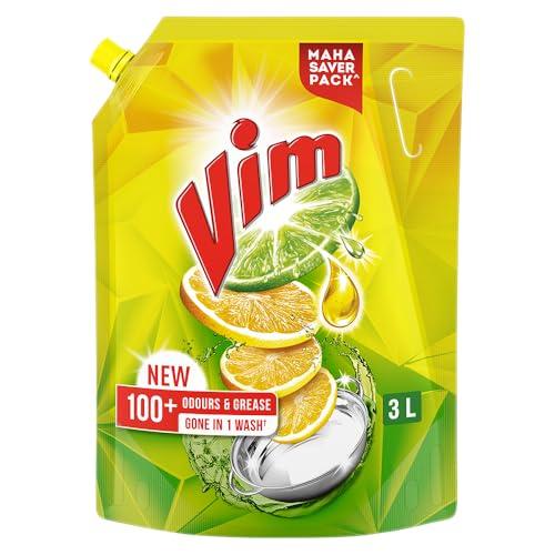 Vim Dishwash Liquid 3 L pouch | Removes 100+ Odours & Grease in 1 wash | With the power of 100 Lemons