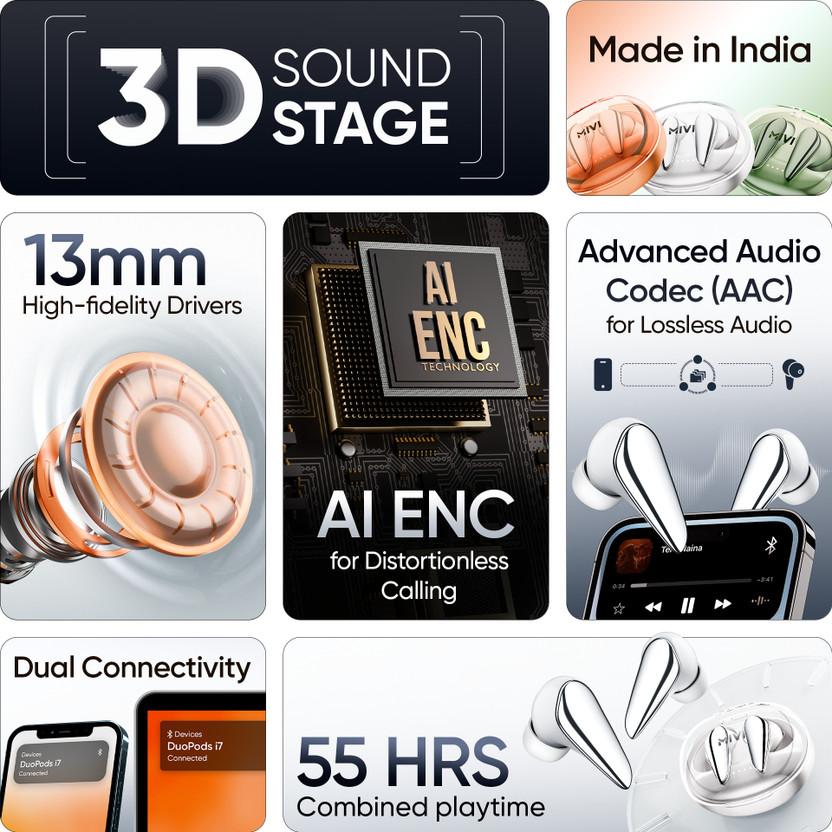 Mivi Duopods I7, 55Hrs PT, HD Call, Fast Charging, 3D Sound, AAC Audio Quality, 5.3v Bluetooth