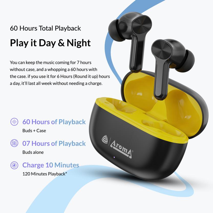 Aroma Buds T200 Lite V5.4 Upto 60Hr Playtime ENC Dual Paring Fast Charging, Heavy Bass Bluetooth